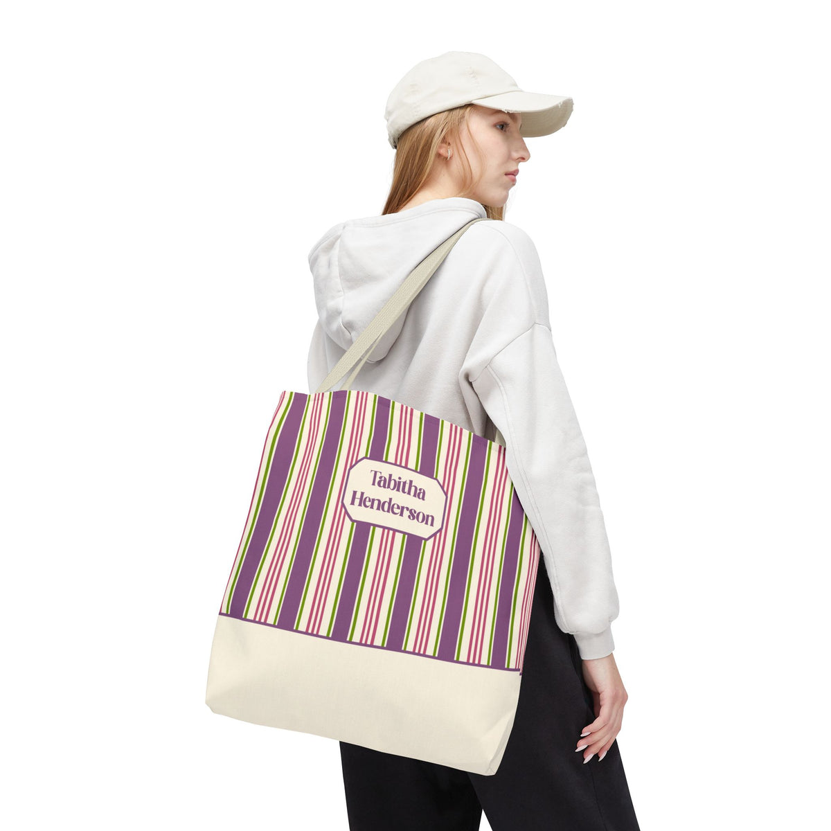 Colorful Striped Tote Bag – Personalizable Purple Pink and Green Tote