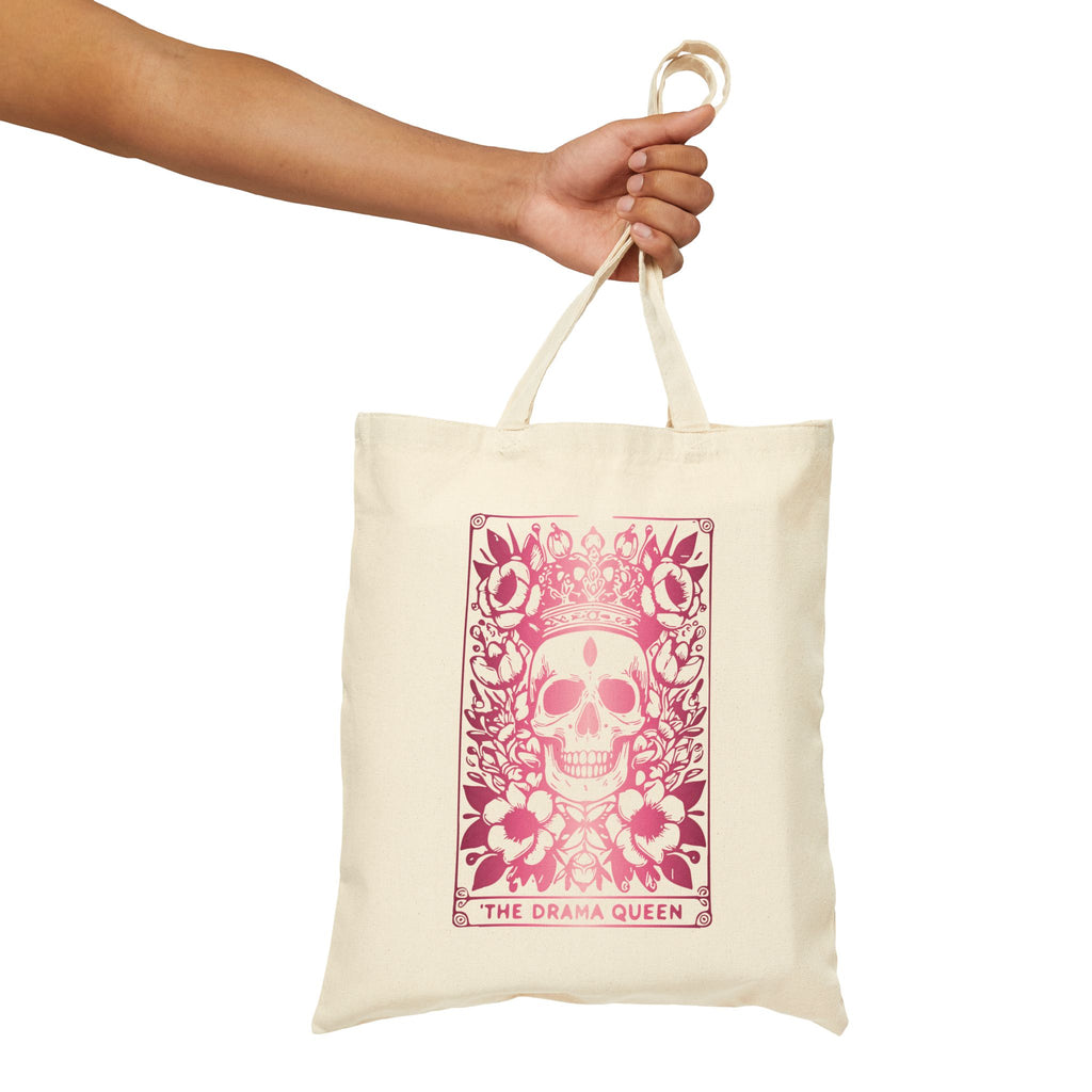 "The Drama Queen" Tarot Bag -Pink Gradient Floral Skull Cotton Canvas Tote