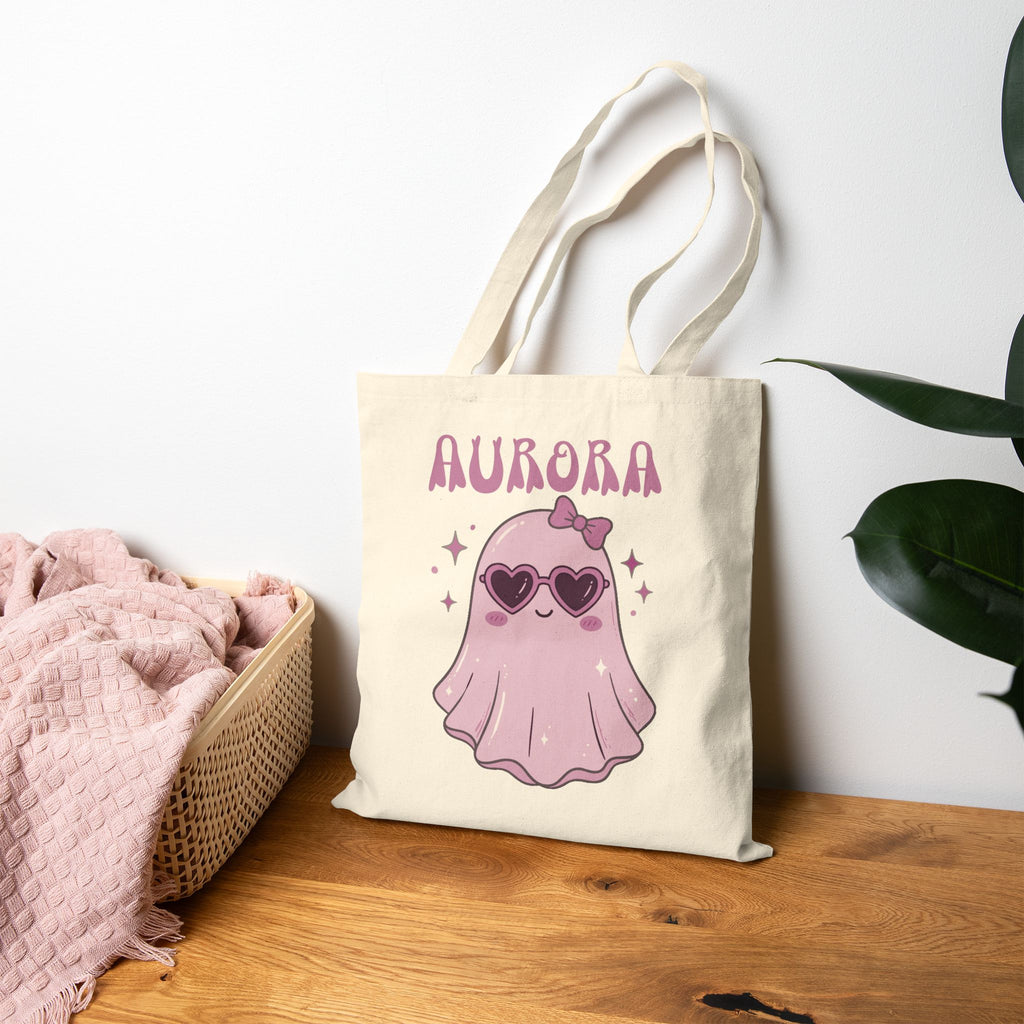 Purple Cute Ghost Trick-or-Treat Tote Bag — Personalizable Halloween Canvas Tote