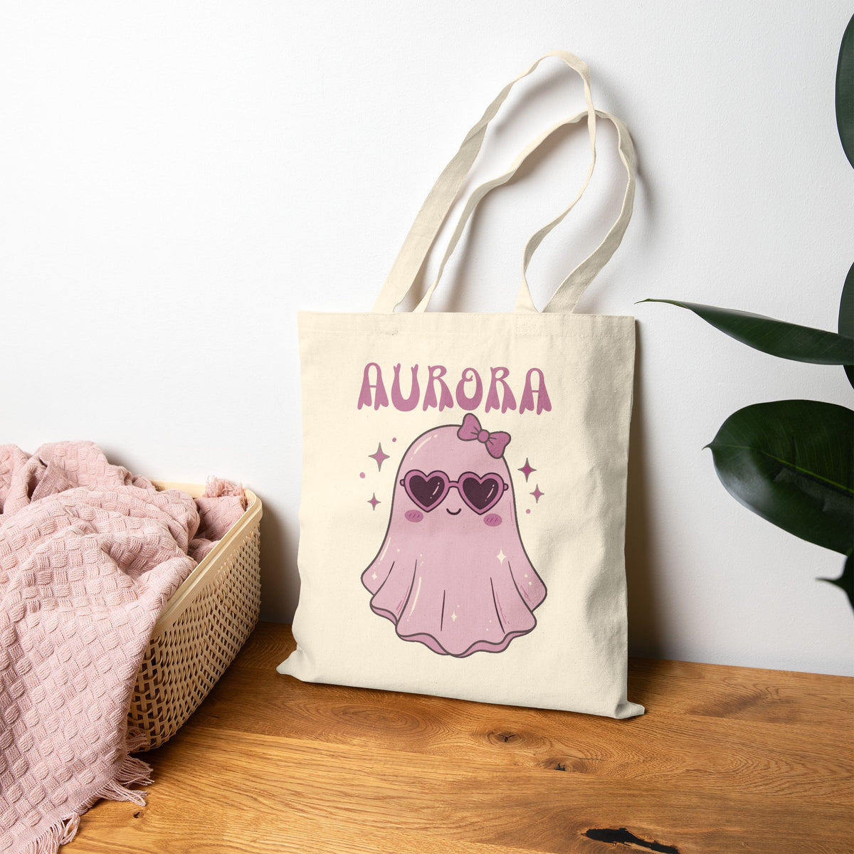 Purple Cute Ghost Trick-or-Treat Tote Bag — Personalizable Halloween Canvas Tote