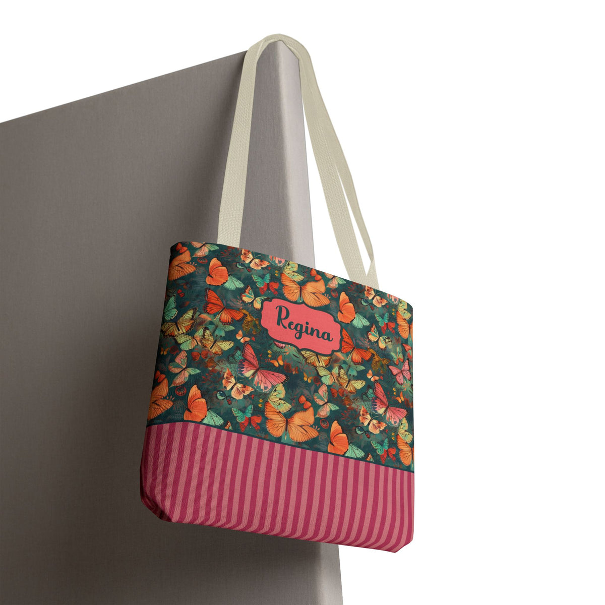 Personalizable Girly Handwriting Bag - Dreamy Butterfly Striped Tote