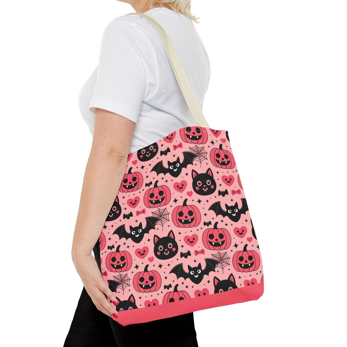 Cute Halloween Trick or Treat Tote Bag  - Pink Pumpkins, Black Cats and Bats Candy Carryall