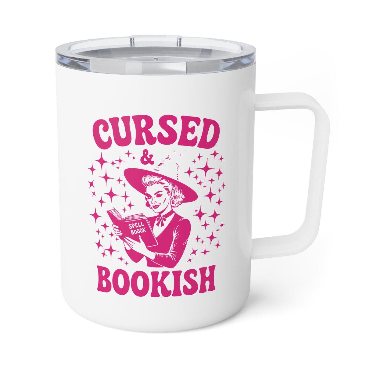 Insulated Coffee Mug — 'Cursed and Bookish' Pink Star Graphic 10oz Travel Tumbler
