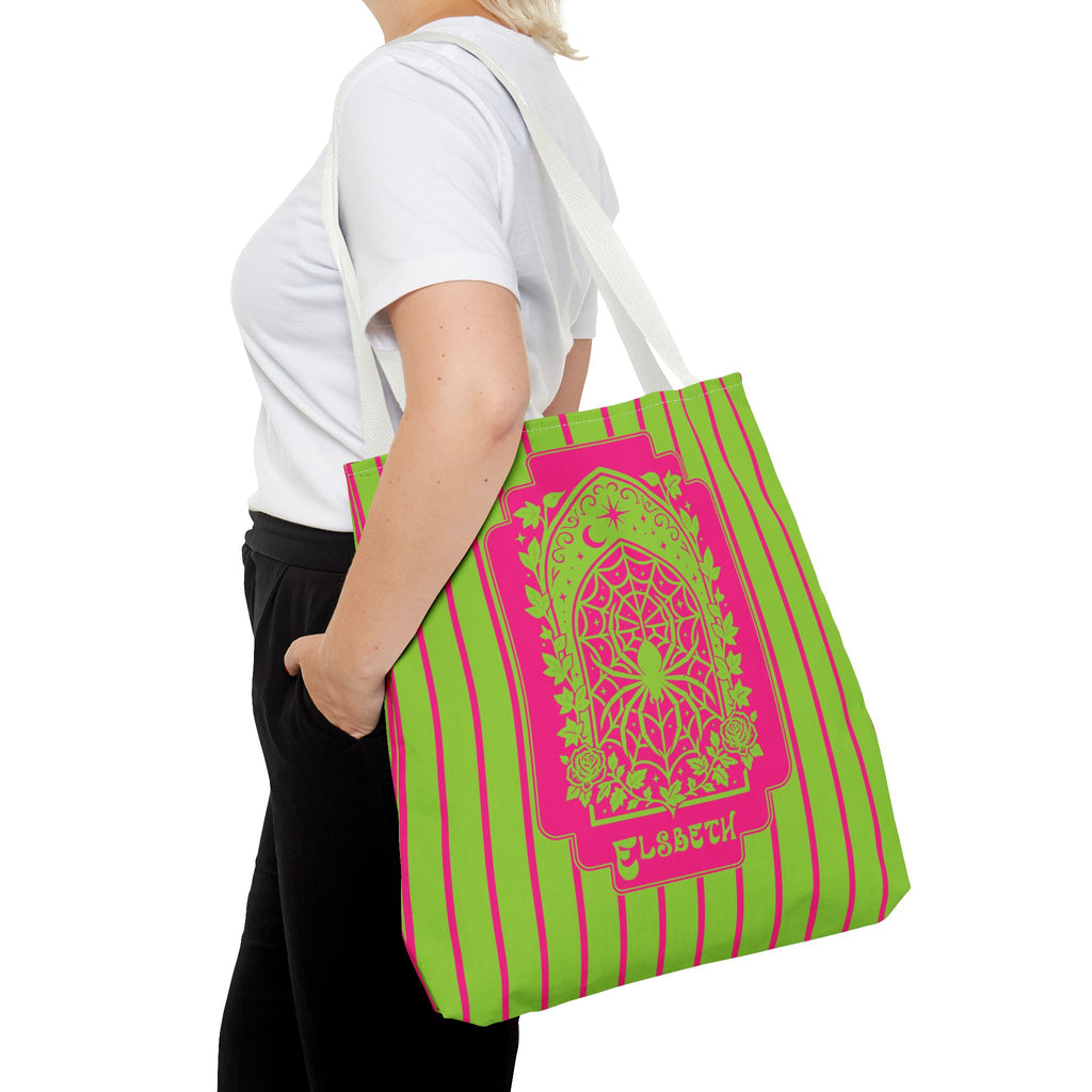 Personalized Green and Pink Retro Goth Tote with Mystic Spider Stained Glass Design