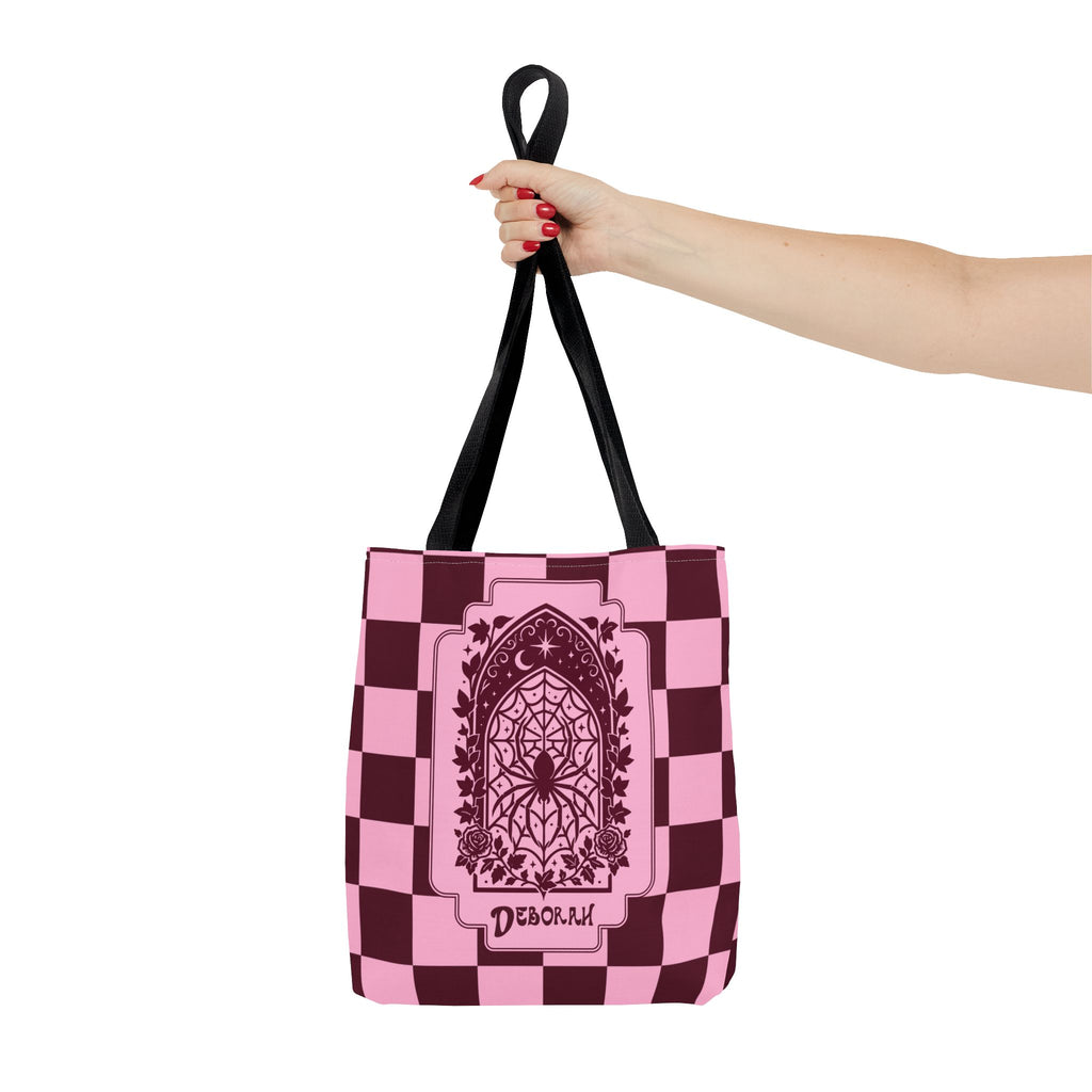 Personalizable Pink and Burgundy Retro Goth Tote with Mystic Spider Stained Glass Design