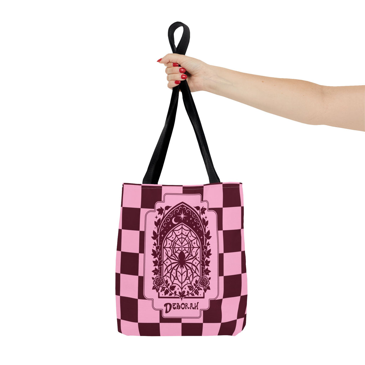 Personalizable Pink and Burgundy Retro Goth Tote with Mystic Spider Stained Glass Design