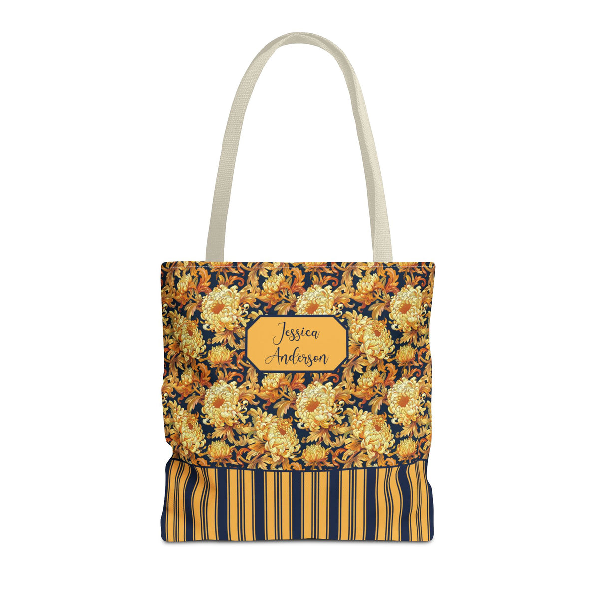 Personalizable Floral Harvest Tote Bag — Vintage Chrysanthemum Striped Tote