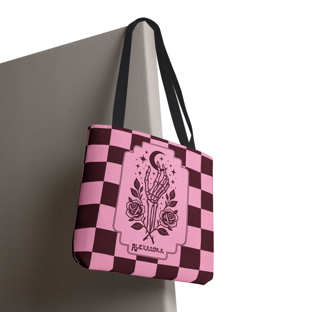 Personalizable Pink Checker Skeletal Hand Tote Bag — Gothic Moon and Roses Carryall
