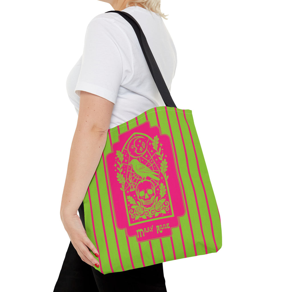 Neon Gothic Raven and Skull Tote Bag - Personalizable Pink and Green Retro Goth Carryall