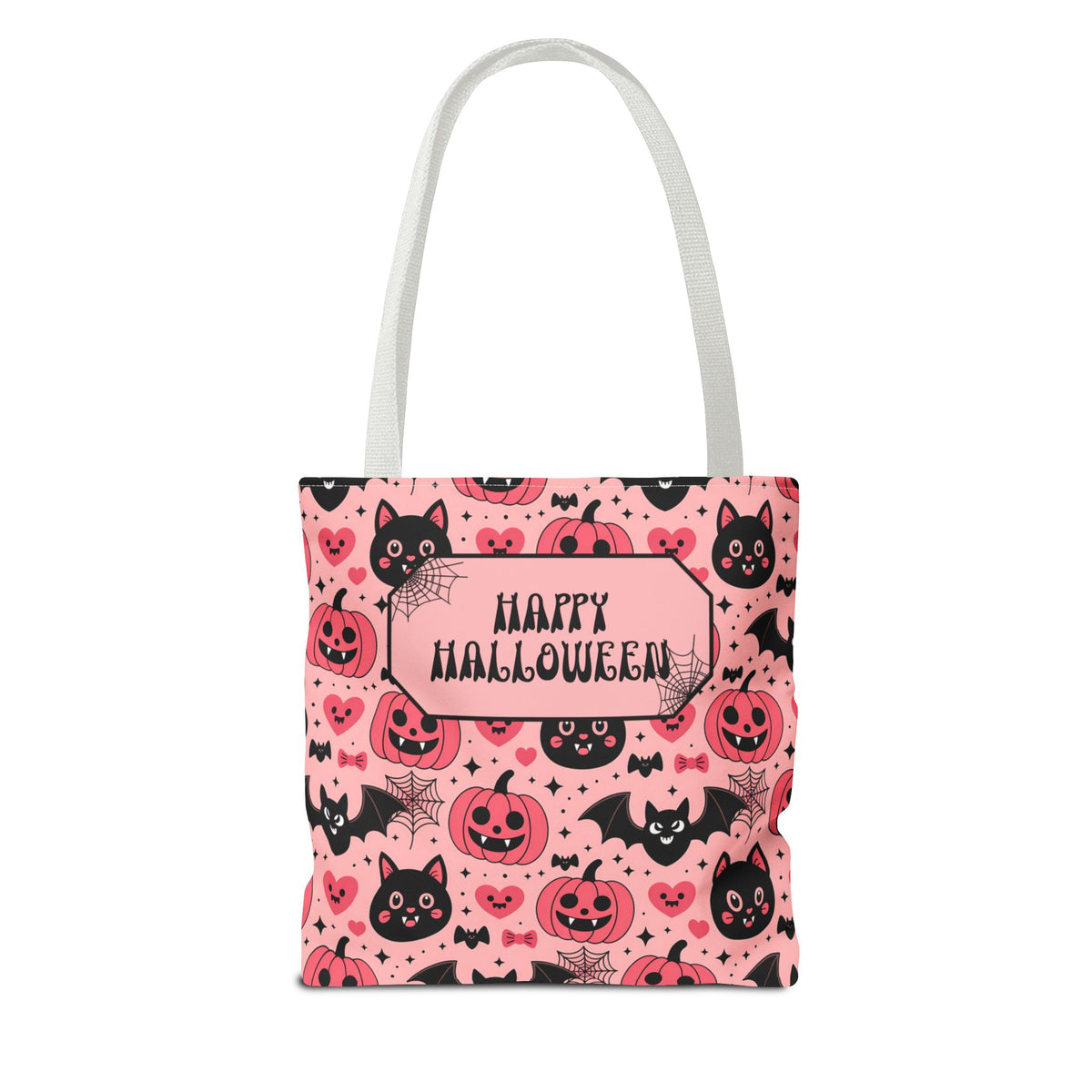 Pink Halloween Trick or Treat Bag  -Personalizable Carryall with Cute Cats, Bats and Jack-O'-Lanterns