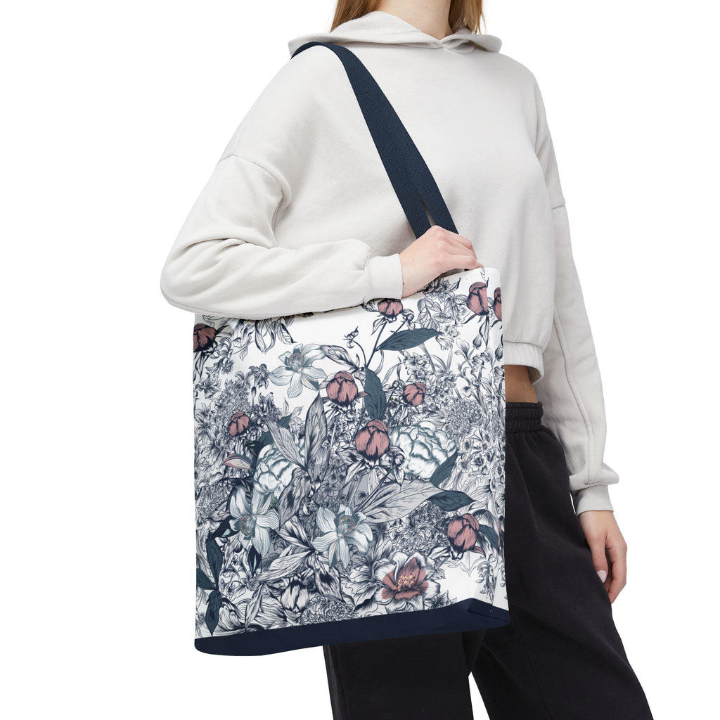 Navy and Pink Floral Sketch Tote Bag - Botanical Market Carryall