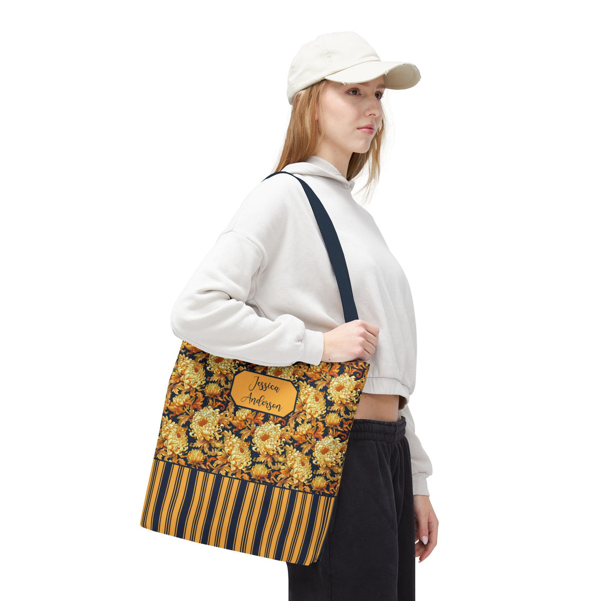 Personalizable Floral Harvest Tote Bag — Vintage Chrysanthemum Striped Tote