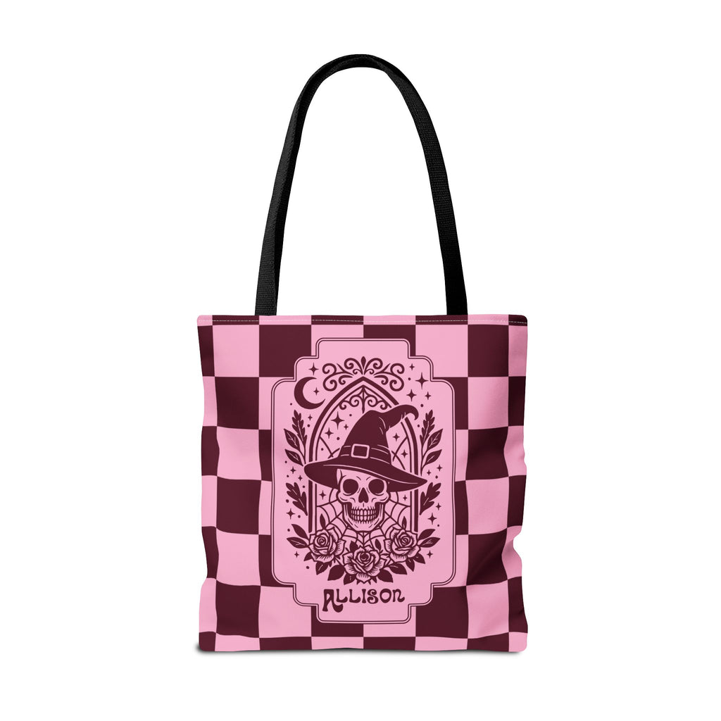 Pink Spooky Checkerboard Carryall - Gothic Witch Skull Personalizable Tote