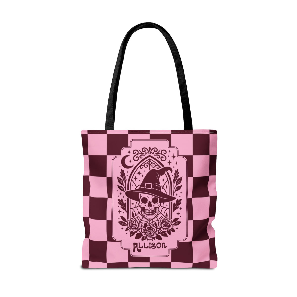 Pink Spooky Checkerboard Carryall - Gothic Witch Skull Personalizable Tote