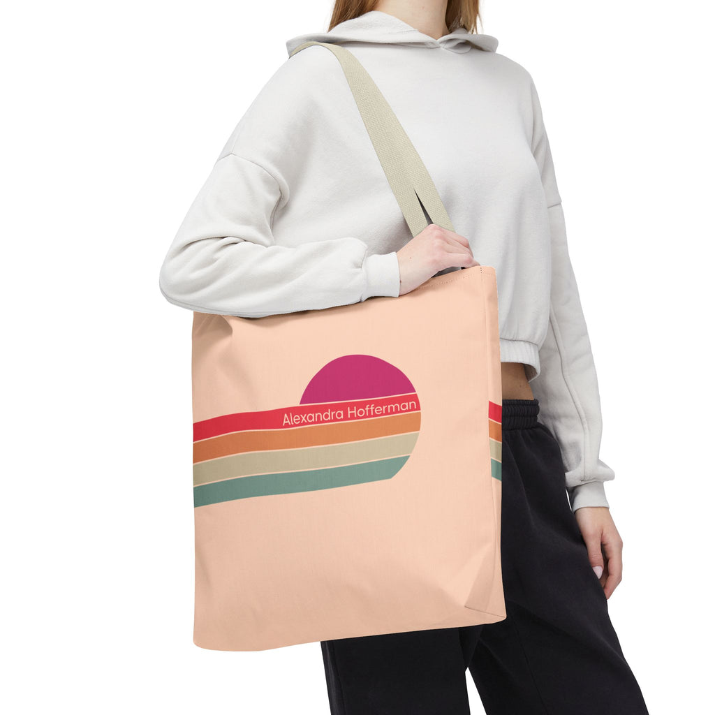 Personalizable Retro Sunset Tote Bag — Pastel Stripes Beach Vibe Carryall