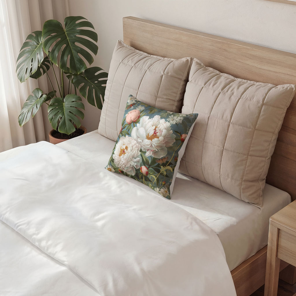 Velvet Throw Pillow - Elegant Peonies and Butterflies Decorative Pillow