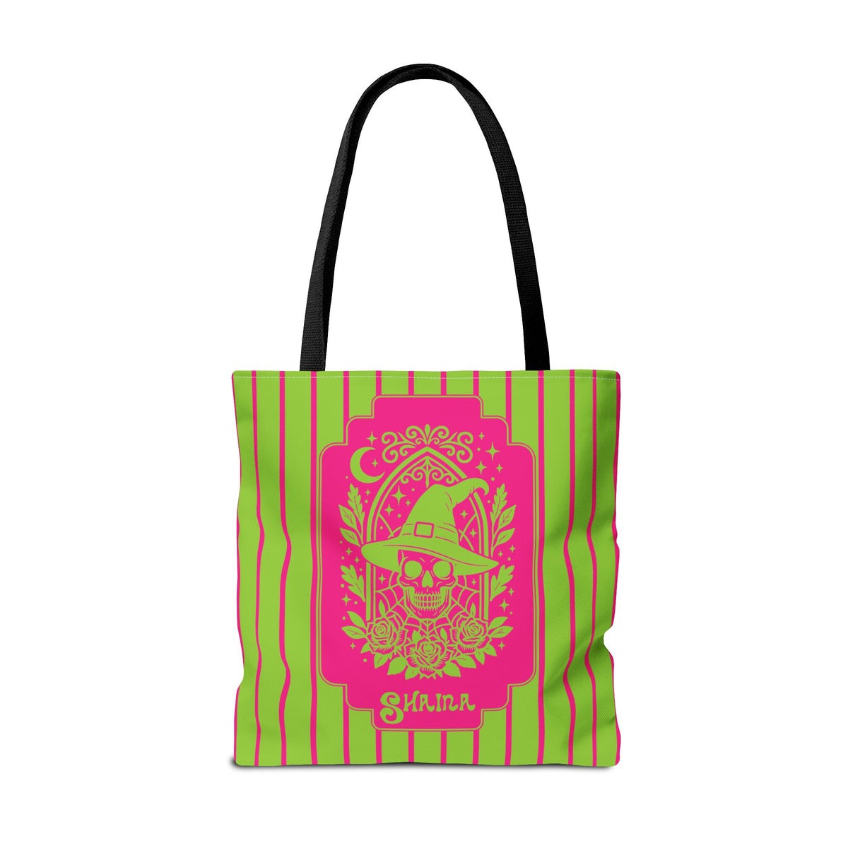 Retro Goth Skull Witch Tote Bag — Neon Pink and Lime Striped Tote