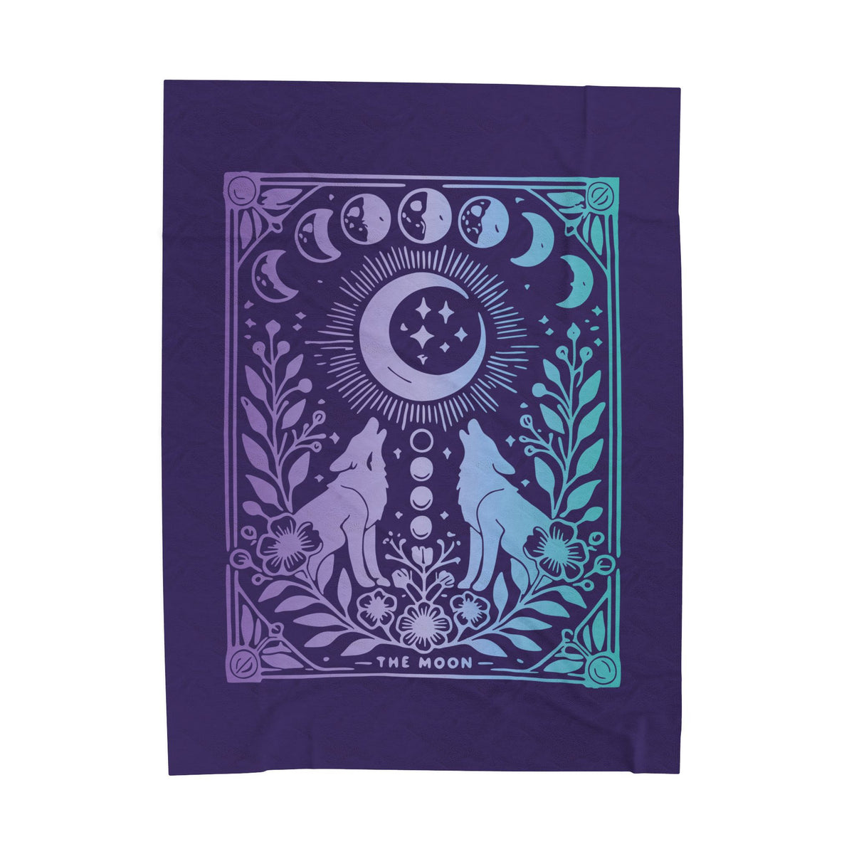 Celestial Moon Phases Blanket - Mystical Wolf and Moonlight Tarot Velveteen Plush Throw