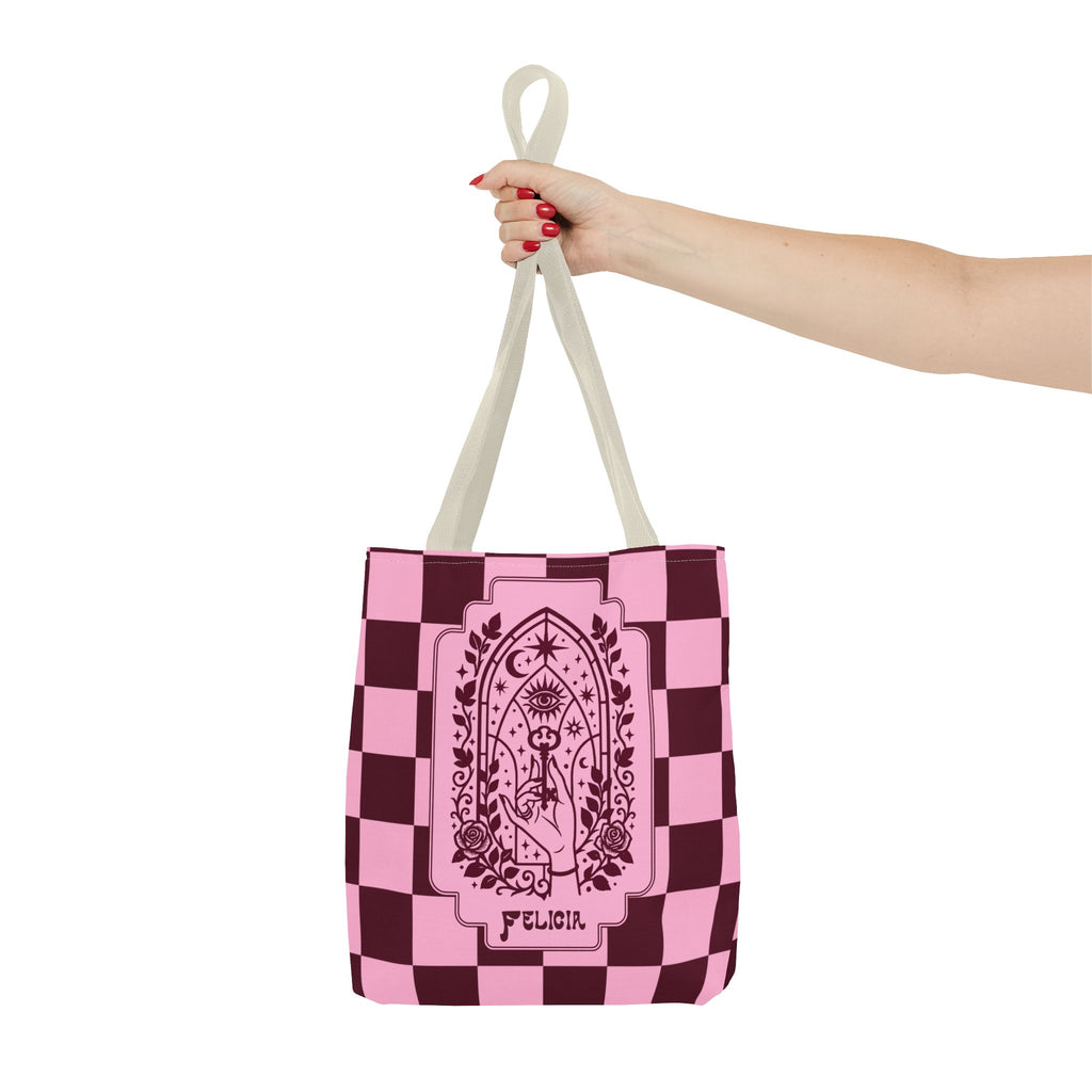Personalizable Mystic Hand with Key Checkerboard Tote Bag – Pink and Burgundy Retro Goth Carryall