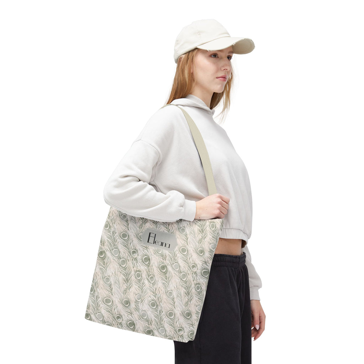 Personalizable Tote - Elegant Grey Peacock Feather Pattern Bag