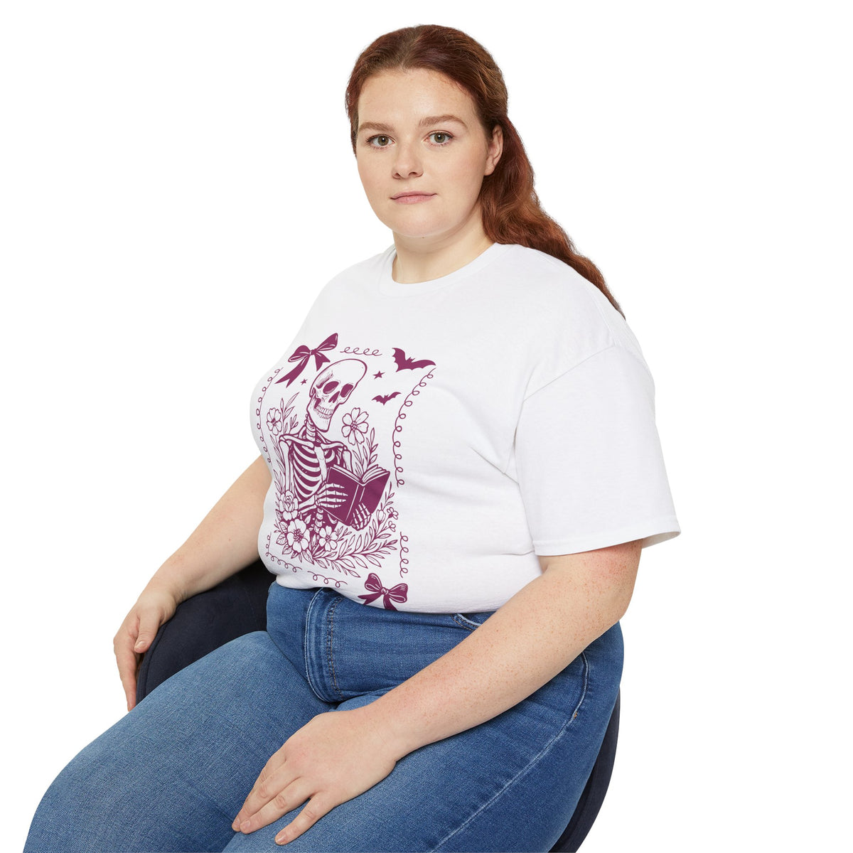 Skeleton Reading Coquette Frame Tee – Floral Skull Book Lover T-Shirt