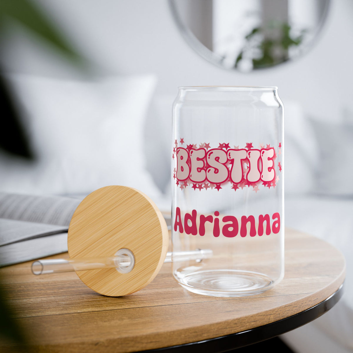 Personalizable Glass Cup - Strawberry Milk Pink Starry Bestie Glass