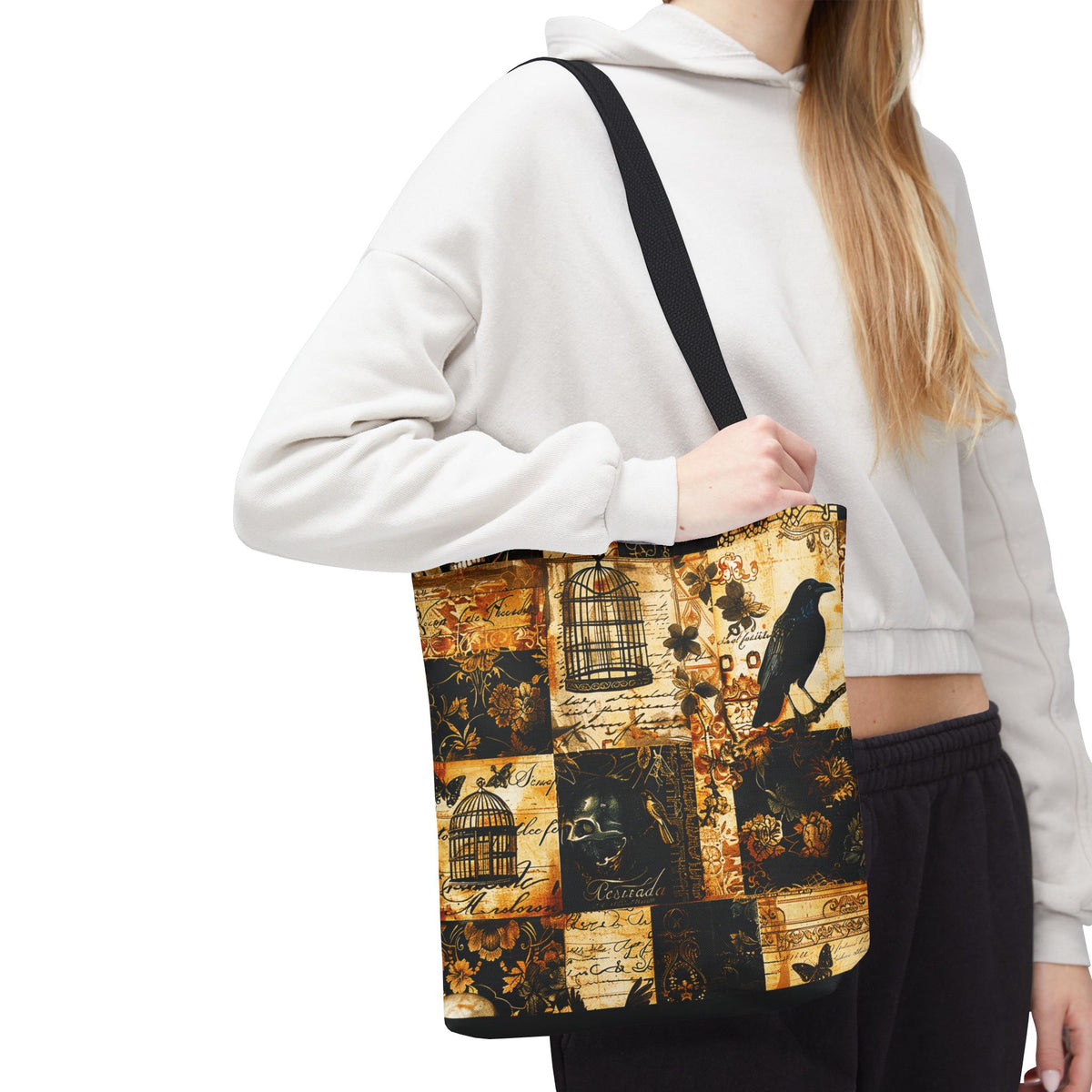Gothic Raven Patchwork Tote Bag – Vintage Sepia and Black Collage Print