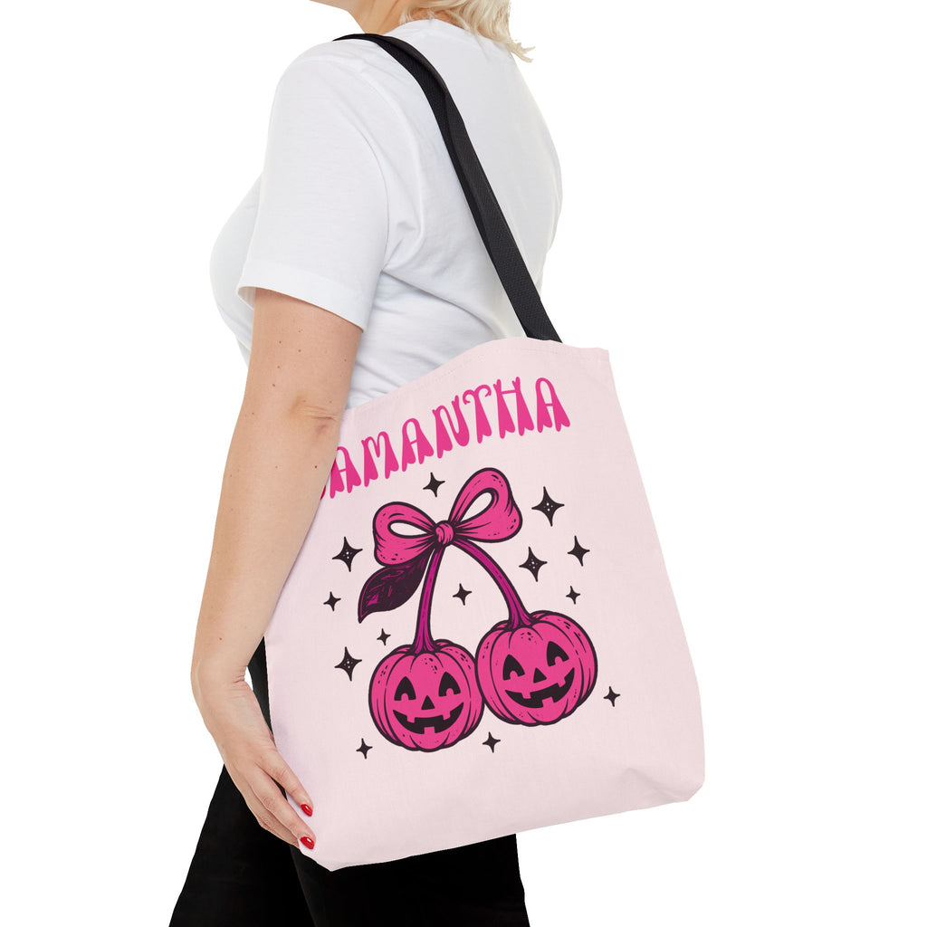 Personalized Halloween Tote - Pink Pumpkin Cherries "So Cute It's Spooky" Trick or Treat Bag