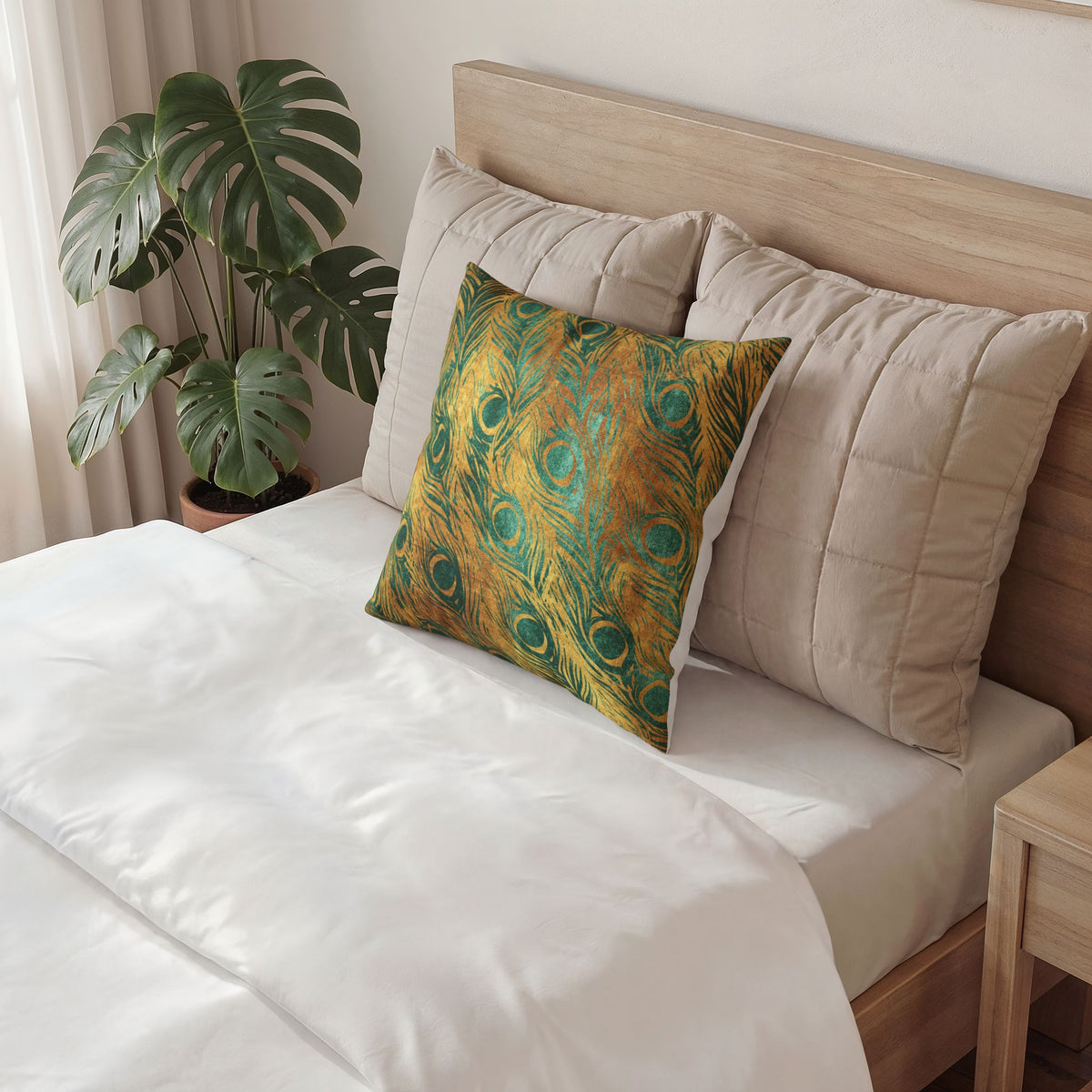Peacock Feather Throw Pillow- Luxe Velvet Gold and Green Decorative Pillow