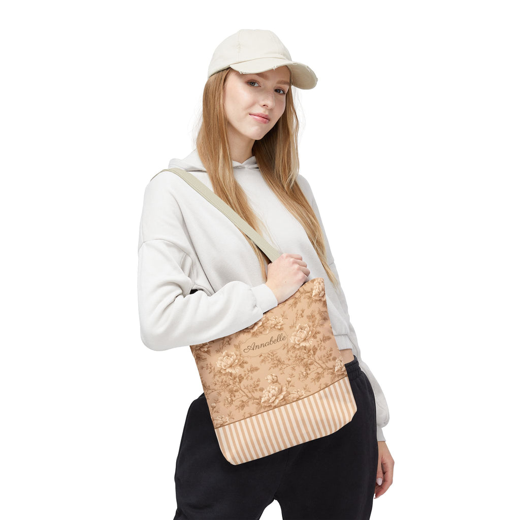 Personalizable Vintage Floral Tote - Sepia Toile Striped Bag