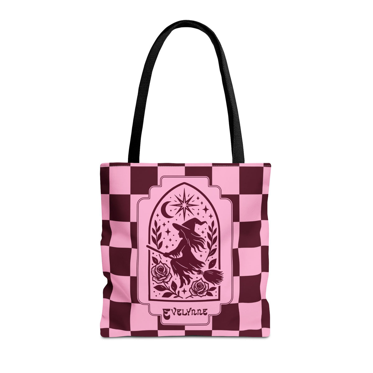 Pink and Burgundy Witch Silhouette Tote Bag - Personalizable Retro Goth Carryall
