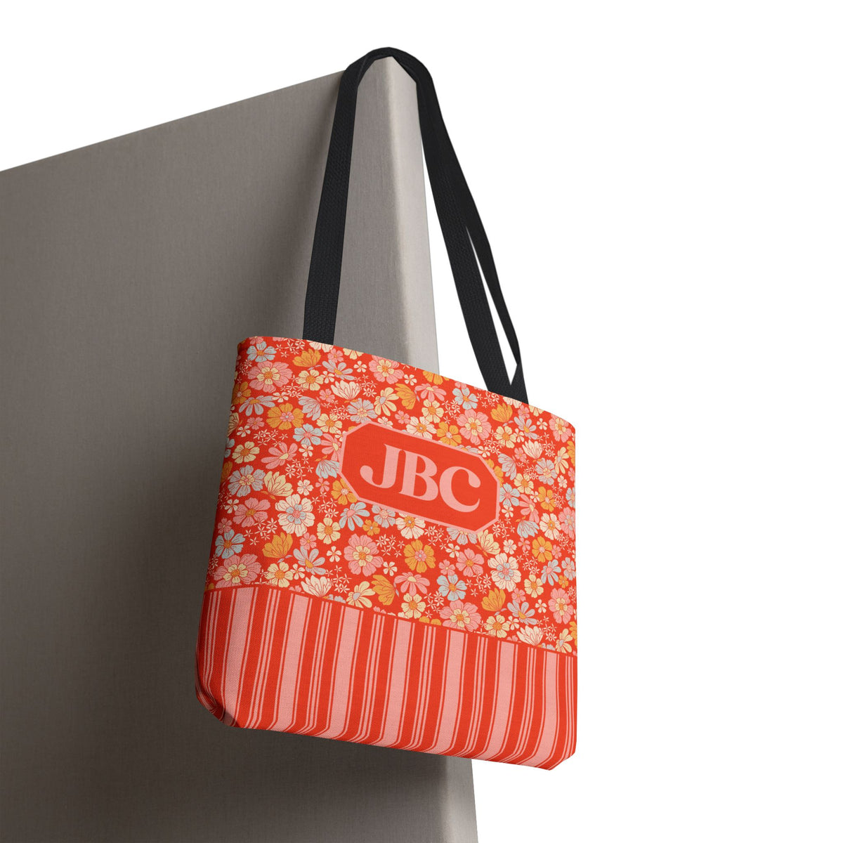 Personalizable Floral Striped Tote Bag - Orange Retro Blossom Tote