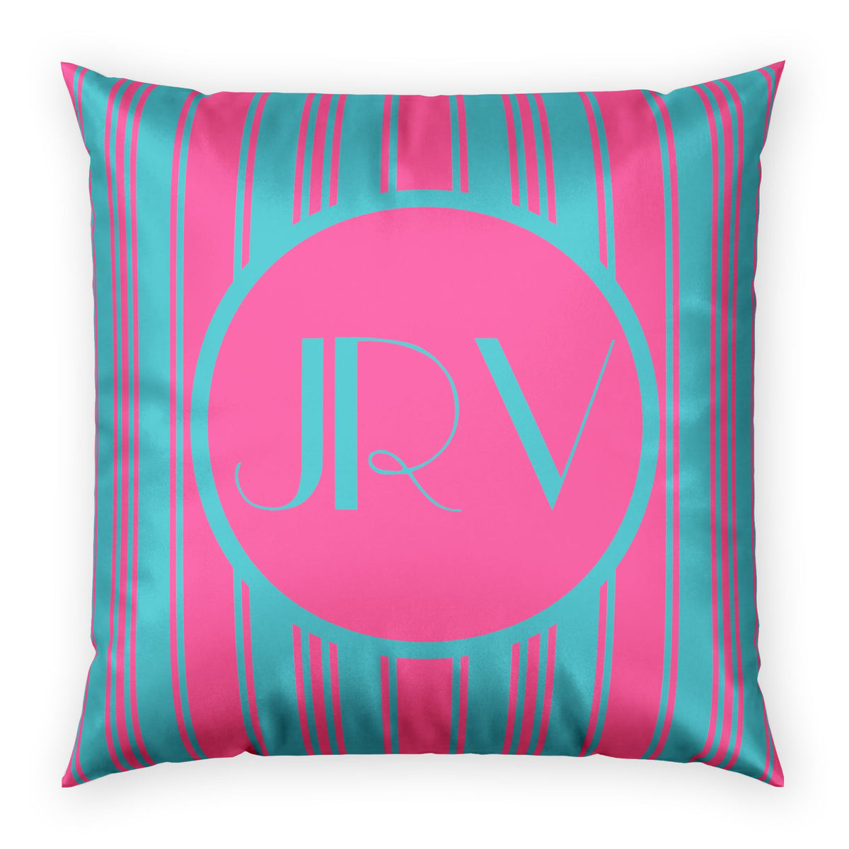 Monogram Velvet Throw Pillow - Bright Pink and Blue Ticking Stripe Decorative Pillow