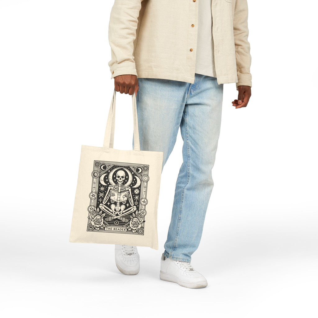 The Reader Skeleton Tarot Design in Black Cotton Canvas Tote
