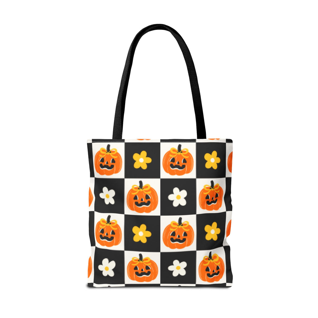 Coquette Pumpkin and Daisy Checkerboard Tote Bag - Cute Jack O Lantern Carryall