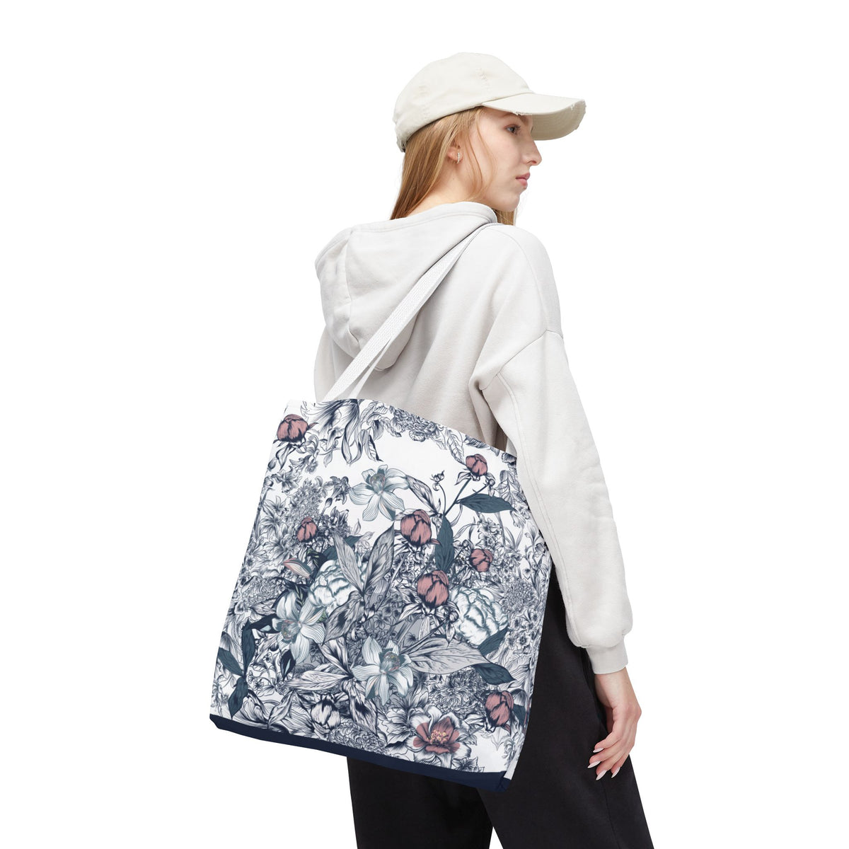 Navy and Pink Floral Sketch Tote Bag - Botanical Market Carryall