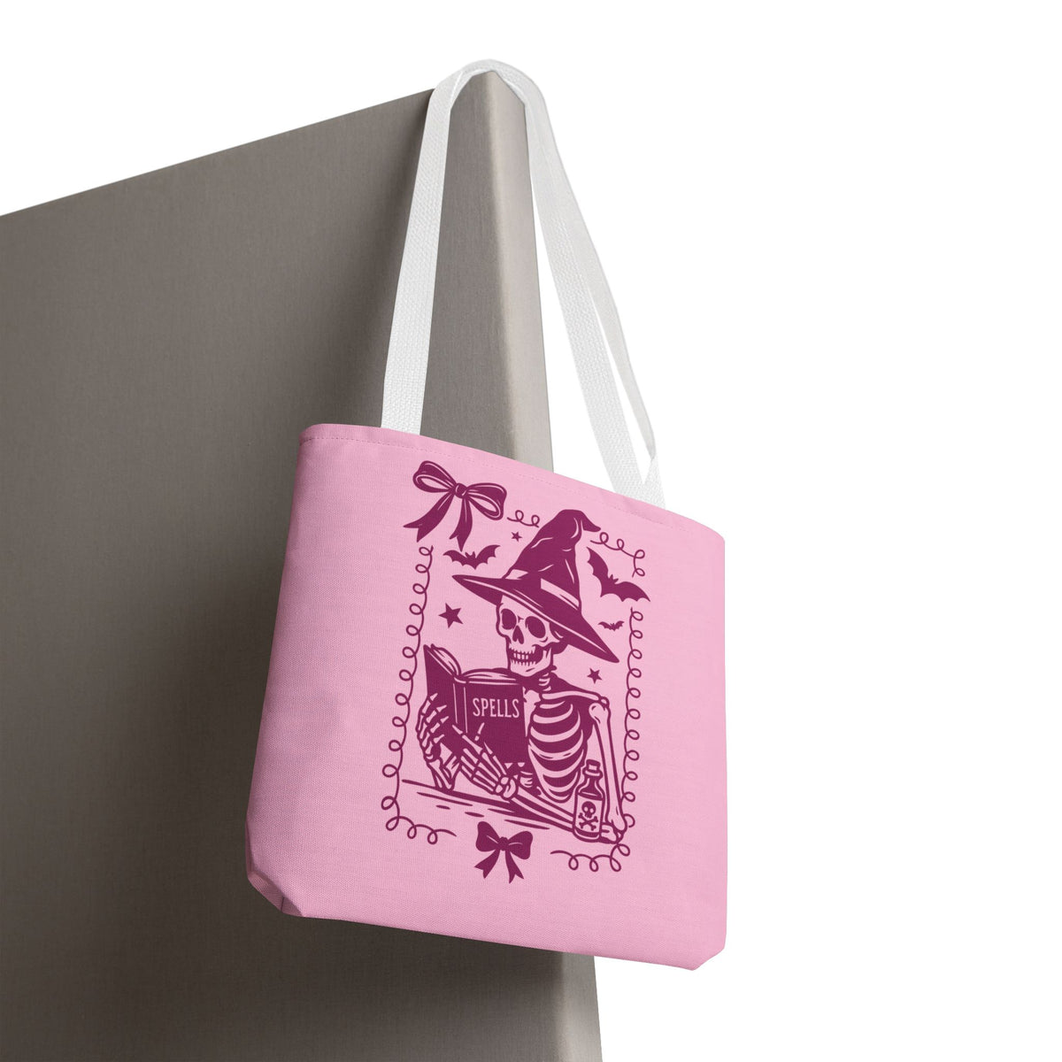 Pink Reading Witch Skeleton Tote Bag — Cute Coquette Frame Halloween Tote