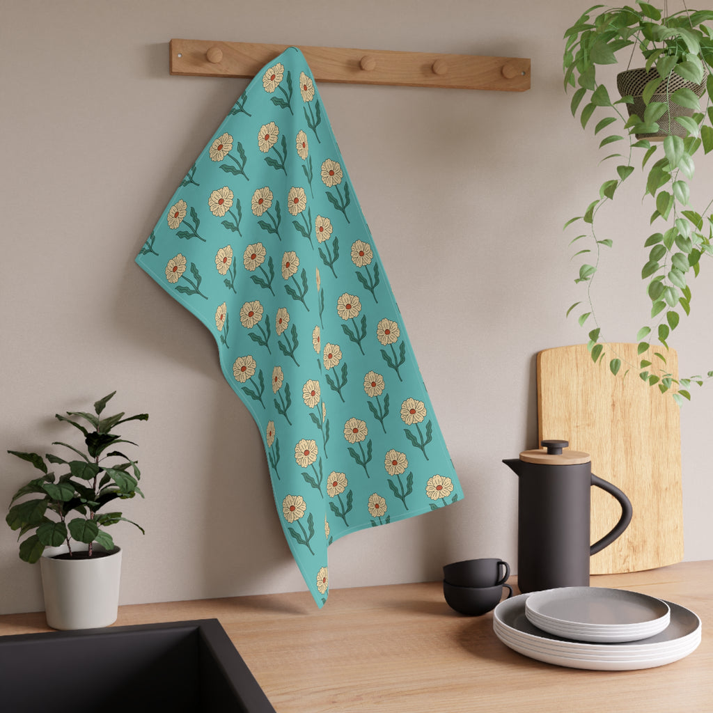 Retro Floral Tea Towel - Hand Drawn Daisies on Teal Kitchen Towel