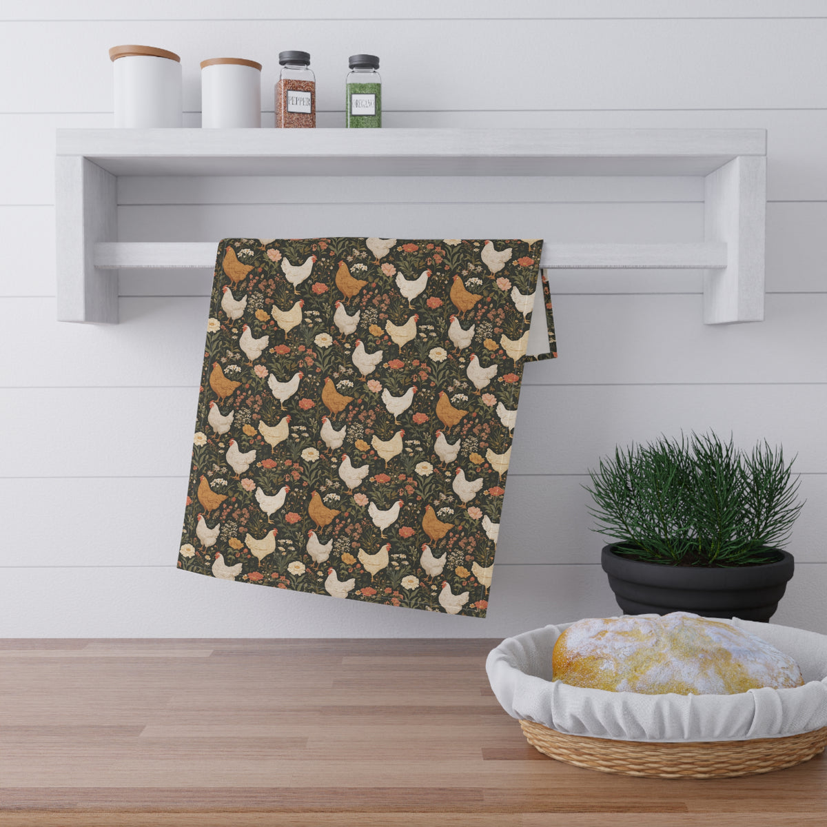Farmhouse Chicken Pattern Tea Towel - Rustic Floral Hen Kitchen Towel