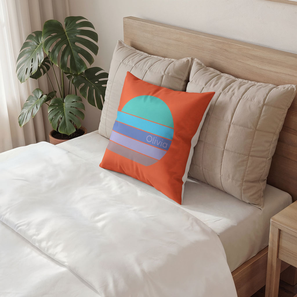 Retro Minimalist Orange Throw Pillow - Blue and Purple Sunrise on Vermilion Velvet Pillow