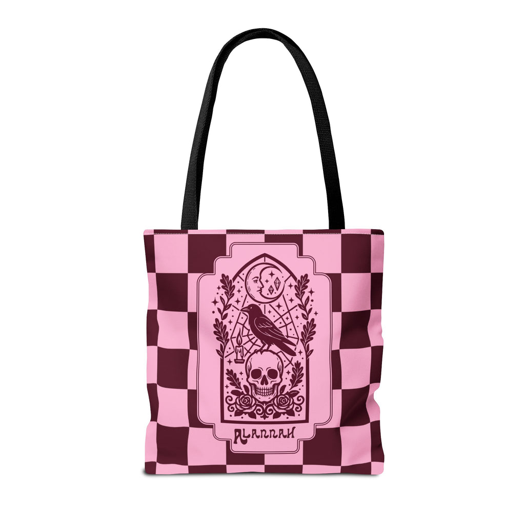 Gothic Raven and Skull Checkerboard Tote Bag - Personalizable Pink Retro Goth Carryall
