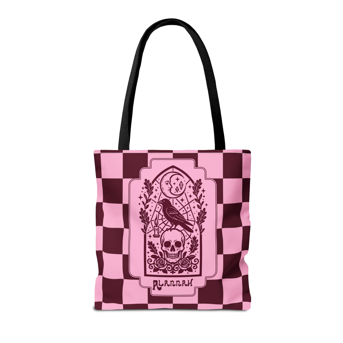 Gothic Raven and Skull Checkerboard Tote Bag - Personalizable Pink Retro Goth Carryall