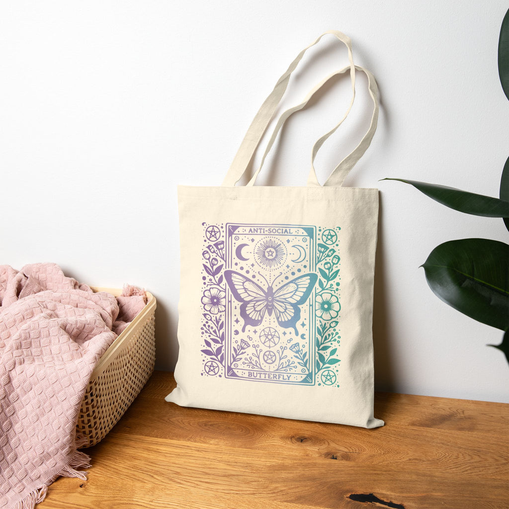 Anti-Social Butterfly Tarot Canvas Tote - Purple and Blue Gradient Boho Mystic Market Bag