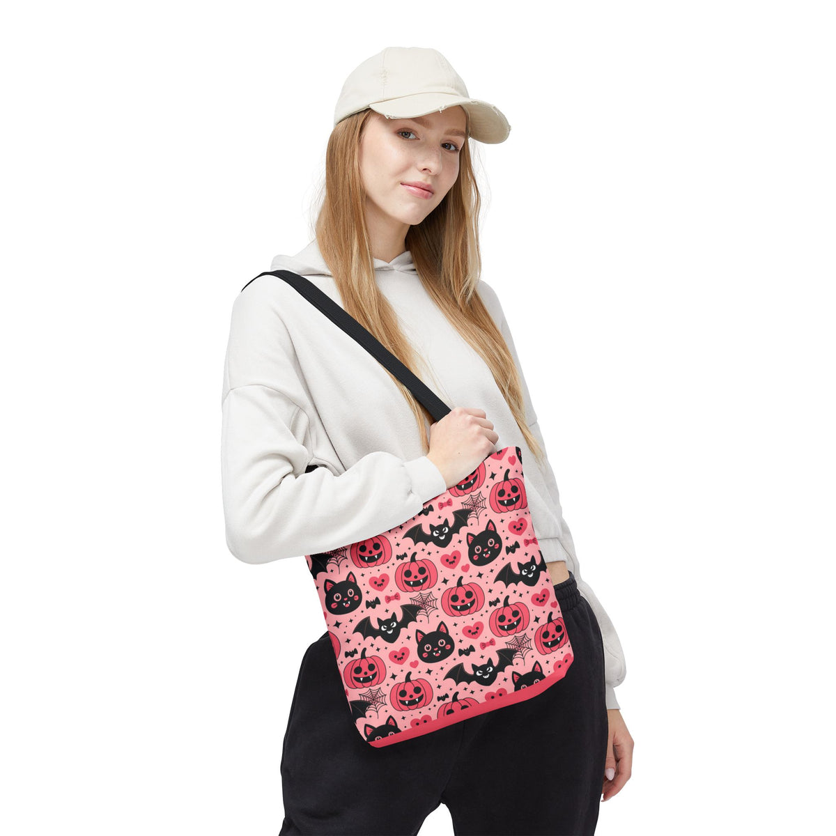Cute Halloween Trick or Treat Tote Bag  - Pink Pumpkins, Black Cats and Bats Candy Carryall