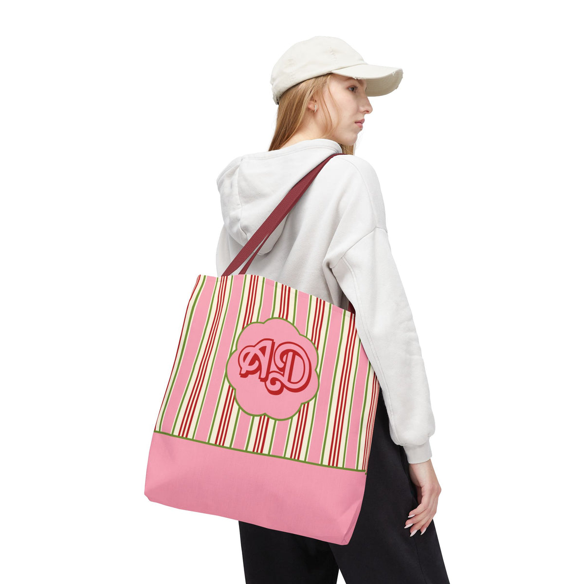 Customizable Striped Pink Tote Bag – Vintage Strawberry Stripe Monogram Tote Bag