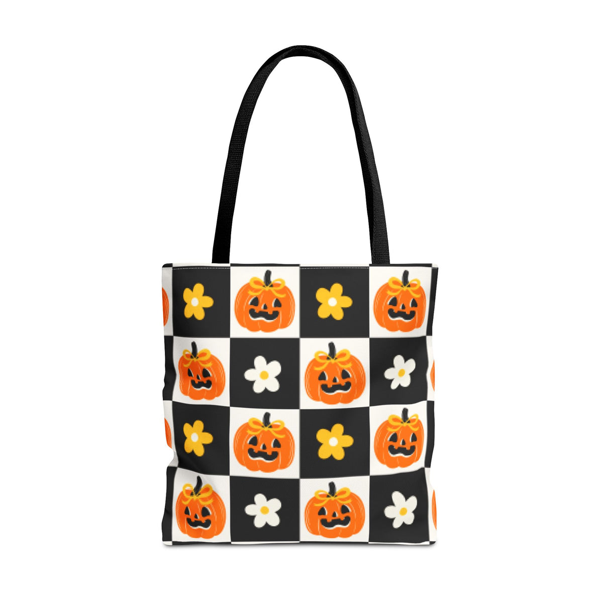 Coquette Pumpkin and Daisy Checkerboard Tote Bag - Cute Jack O Lantern Carryall