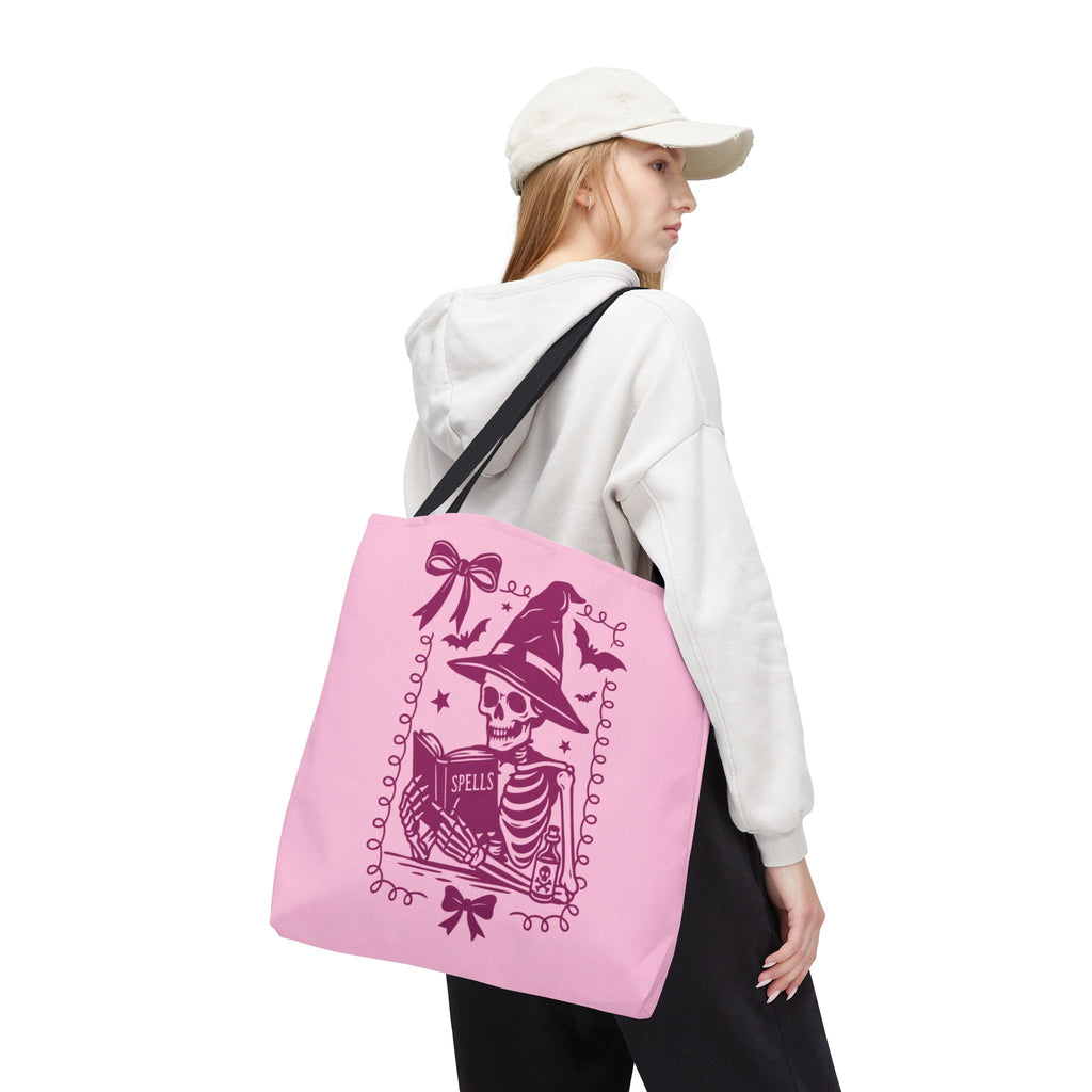 Pink Reading Witch Skeleton Tote Bag — Cute Coquette Frame Halloween Tote