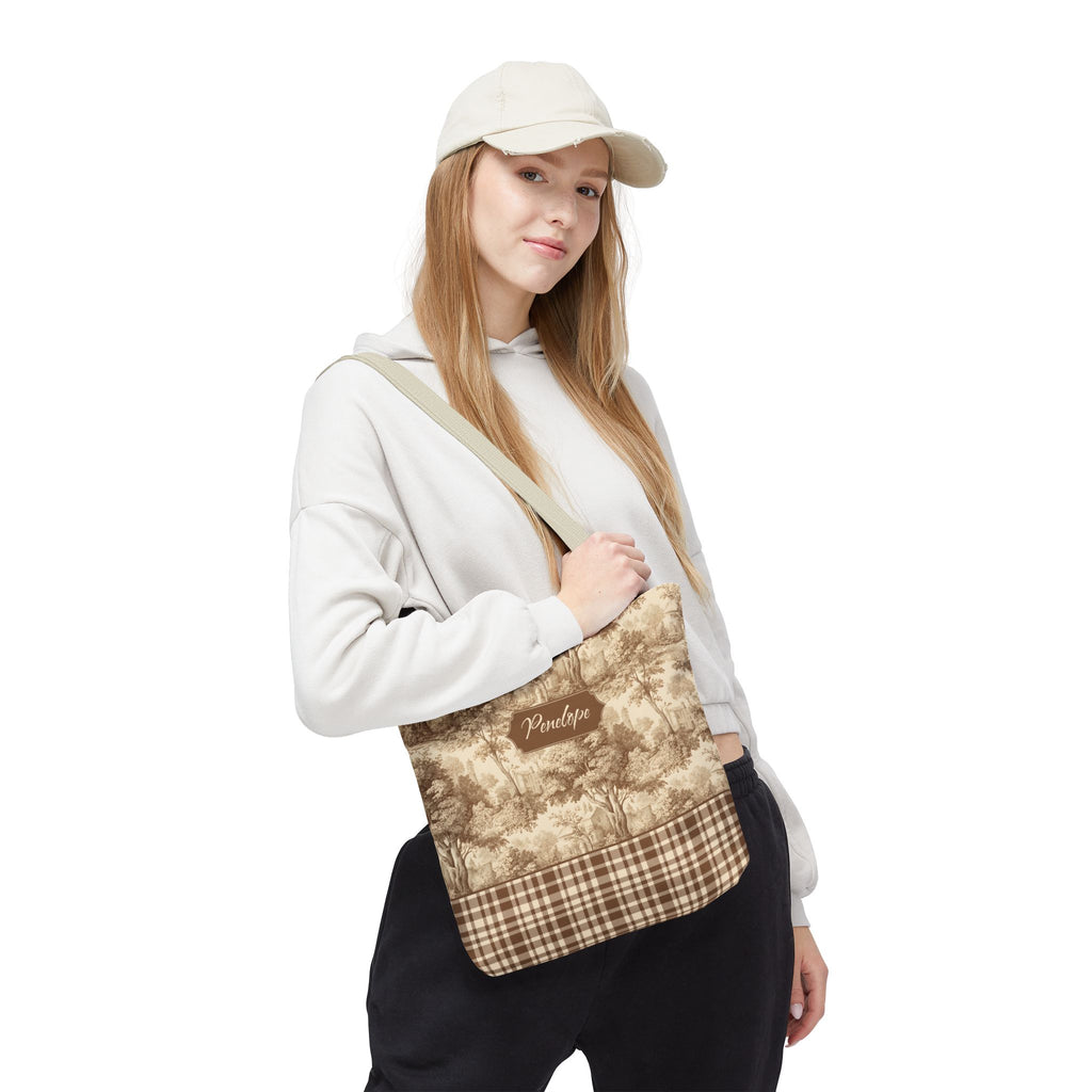 Personalized Market Tote -  Vintage Sepia Toile and Plaid Rustic Country Carryall