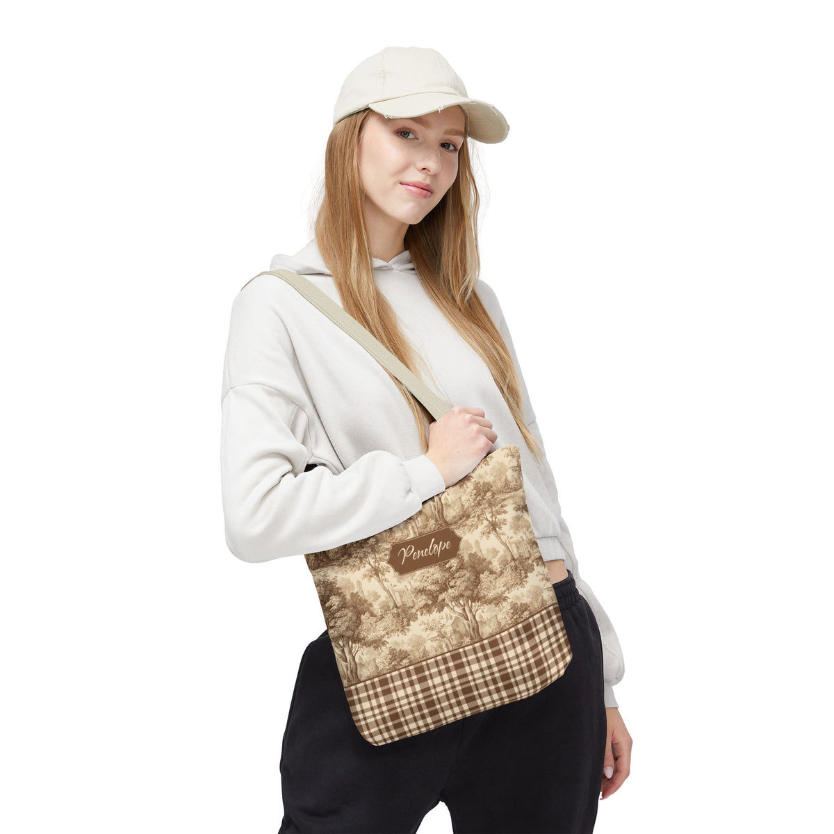 Personalized Market Tote -  Vintage Sepia Toile and Plaid Rustic Country Carryall