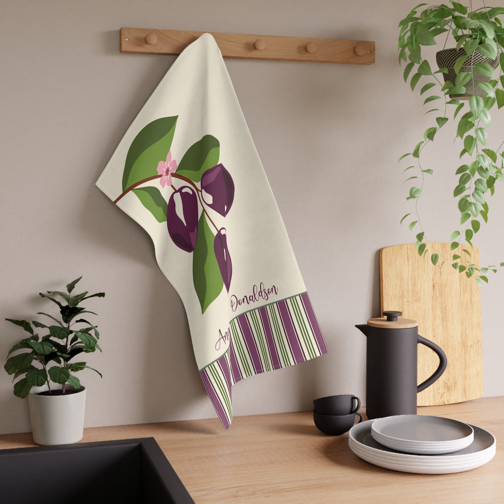 Personalizable Plum Tea Towel - Watercolor Illustration Striped Kitchen Towel
